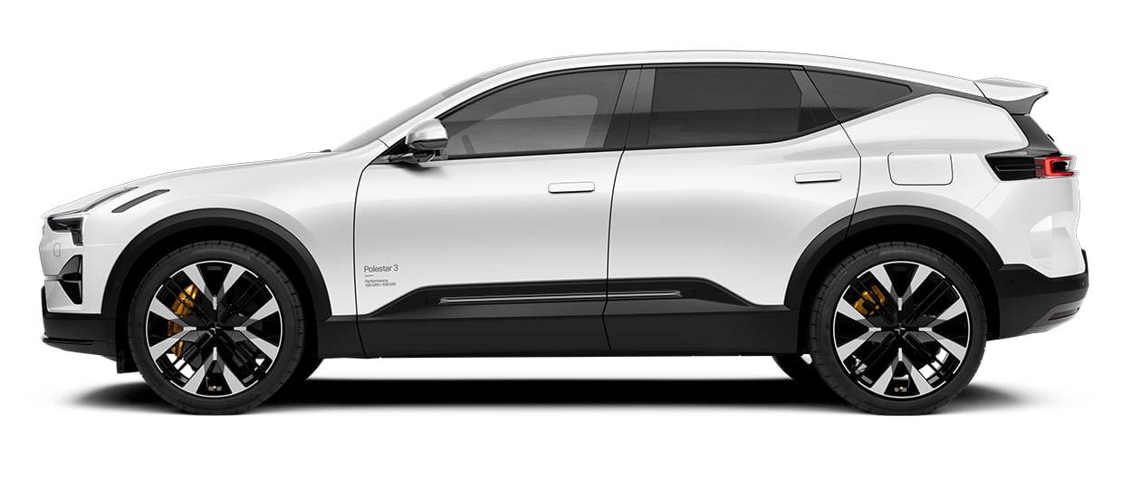 Side angled view of Polestar 3 in Snow colour standing in a white background.