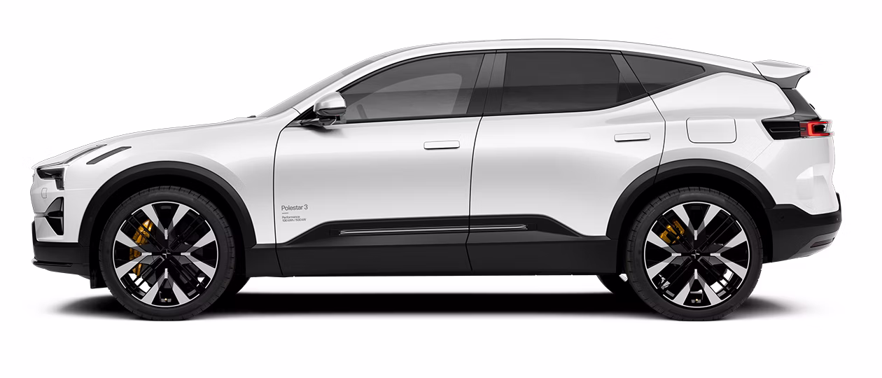 Side angled view of Polestar 3 in Snow colour standing in a white background.
