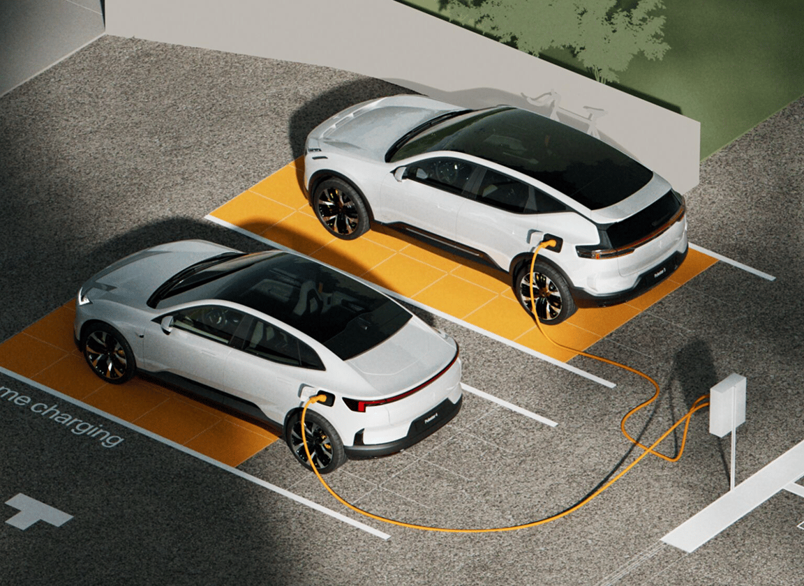 Polestar 4 and Polestar 3 cars charging at EV parking spaces