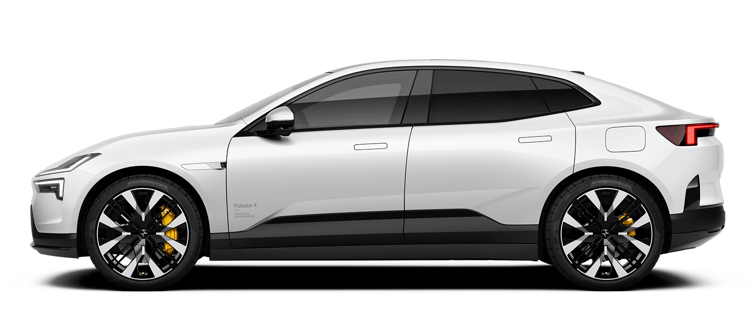 Side view of Polestar 4 electric car in white color with black wheels and yellow brake calipers.