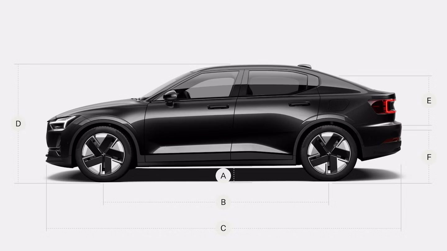 Side view of Polestar 2 with lines and letters showings its exterior measurements.