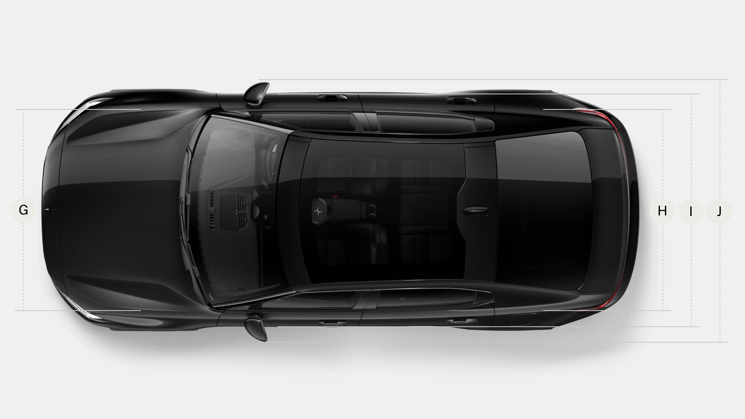 A top-down view of Polestar 2 with lines and letters showing the measurements of the front and rear.