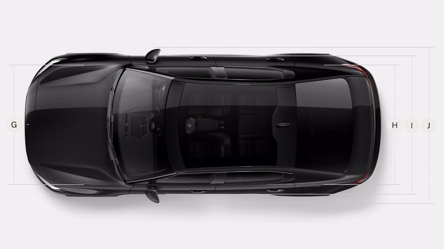 A top-down view of Polestar 2 with lines and letters showing the measurements of the front and rear.