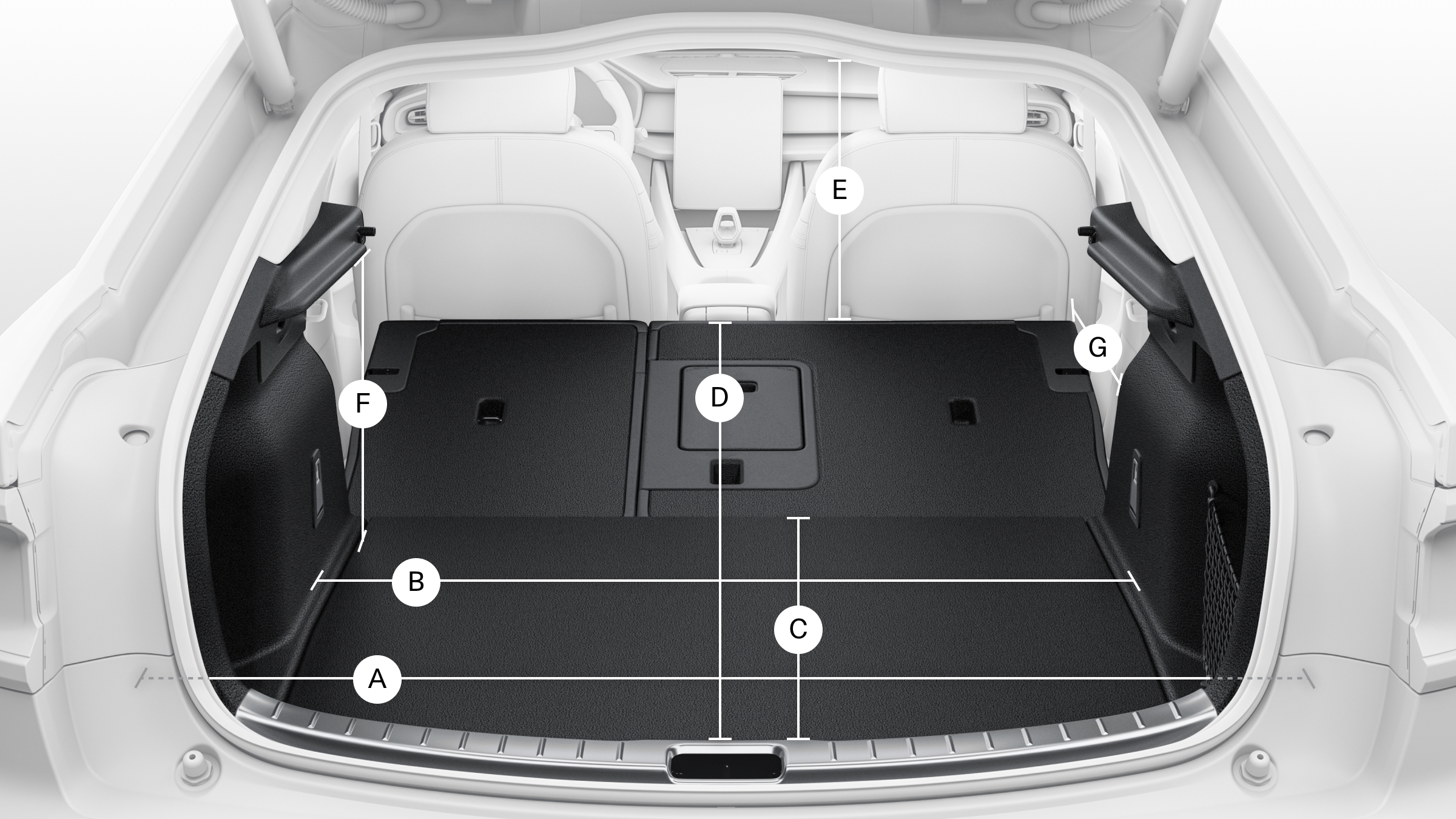 Polestar 2’s rear storage compartment with letters and lines showing its measurements.