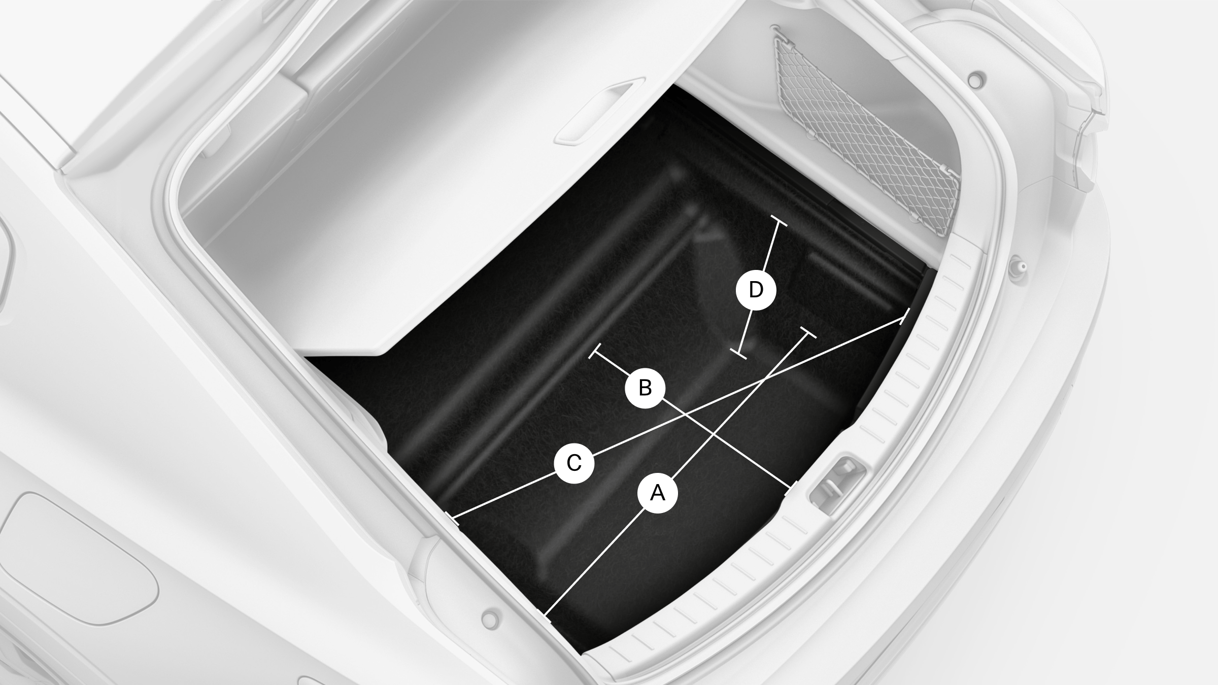 Polestar 2’s rear under floor storage compartment with lines and letters showing its measurements.
