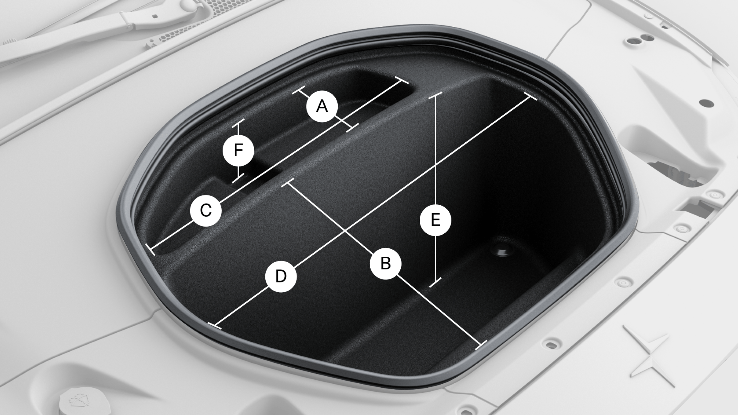 Polestar 2’s front compartment space with lines and letters showing to its measurements.