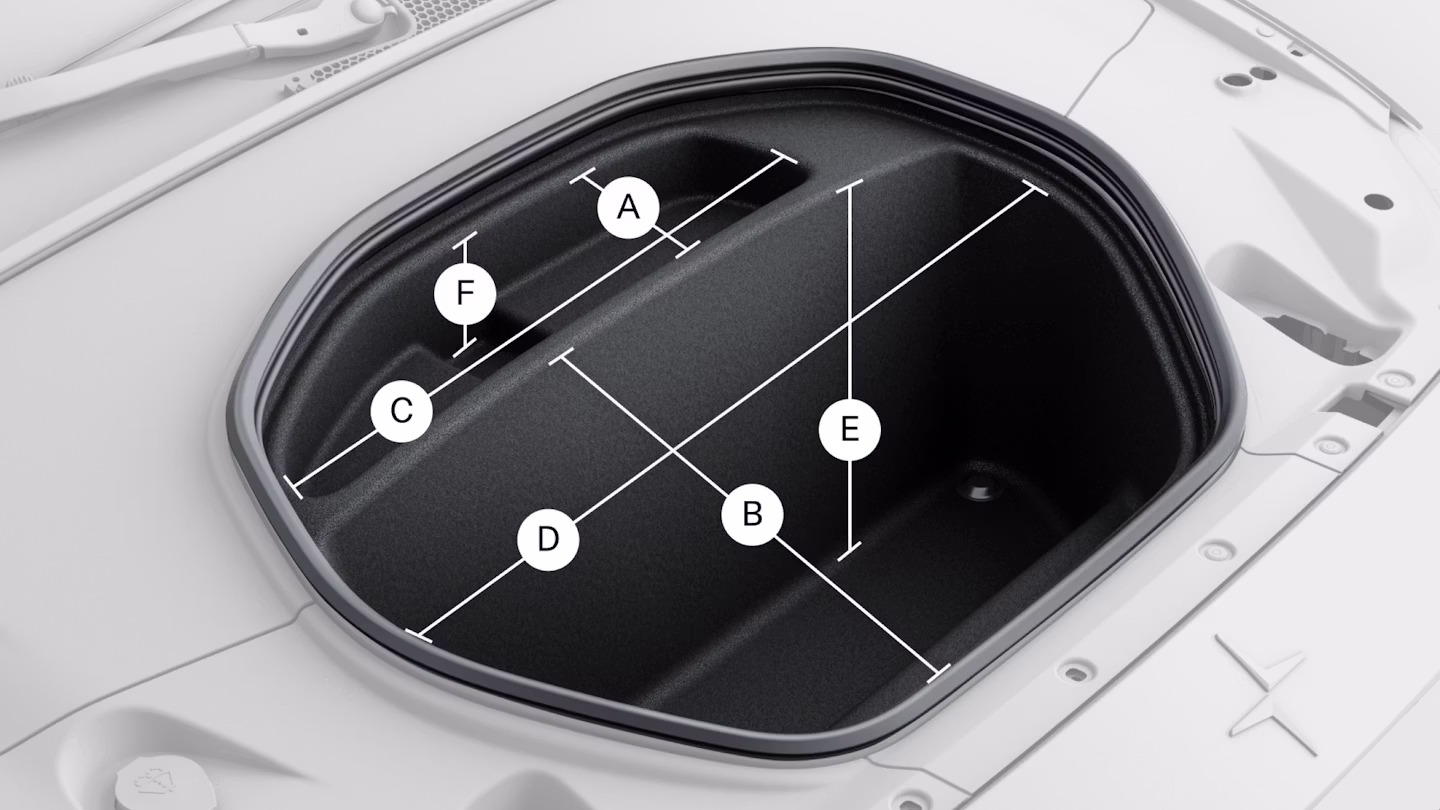 Polestar 2’s front compartment space with lines and letters showing to its measurements.