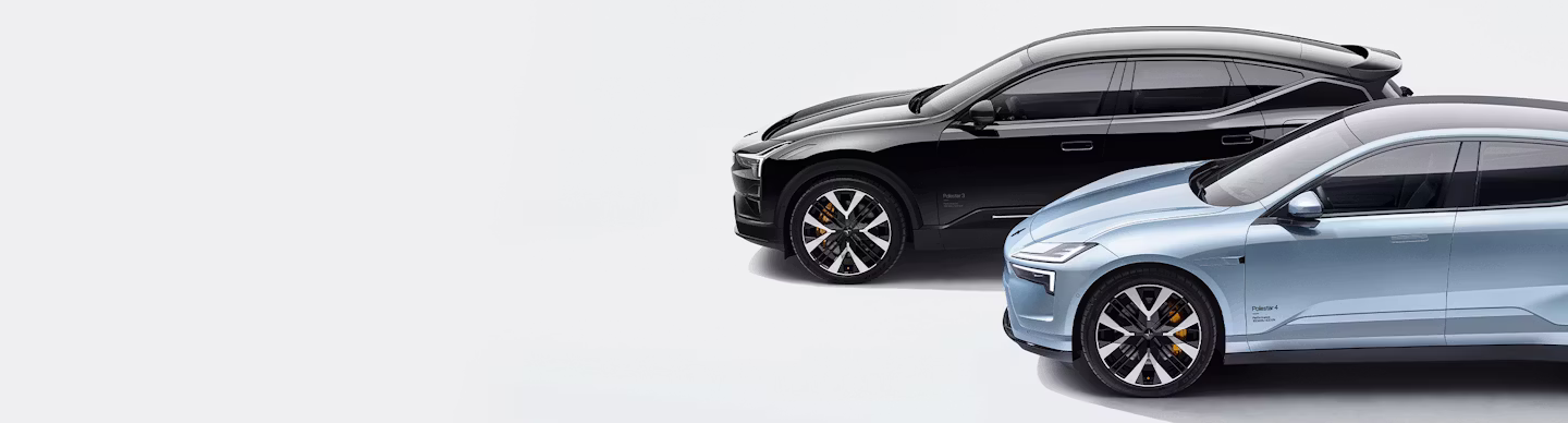 Polestar 3 and Polestar 4, one black and one light blue, shown in side view