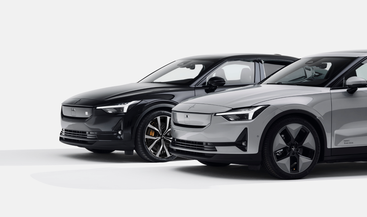 Two Polestar 2 cars, front three-quarter view