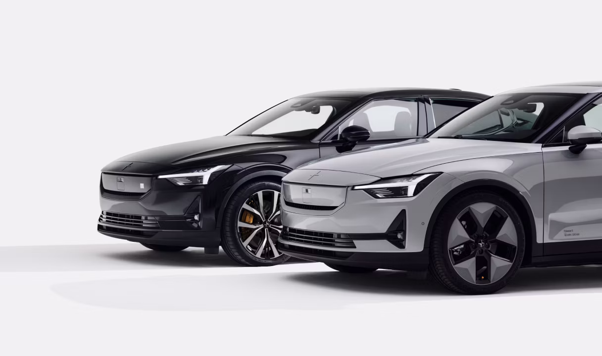 Two Polestar 2 cars, front three-quarter view