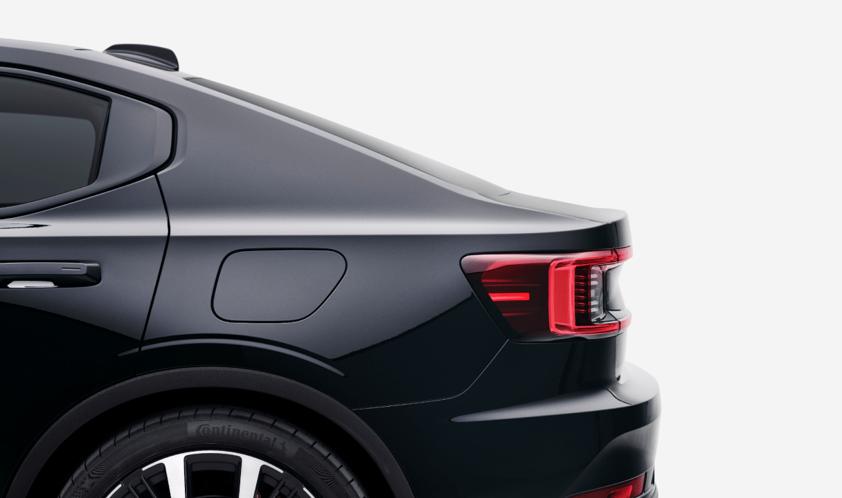 Rear side of a Polestar 2 with taillight and wheel visible