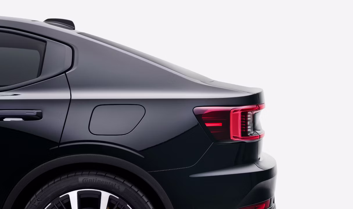 Rear side of a Polestar 2 with taillight and wheel visible