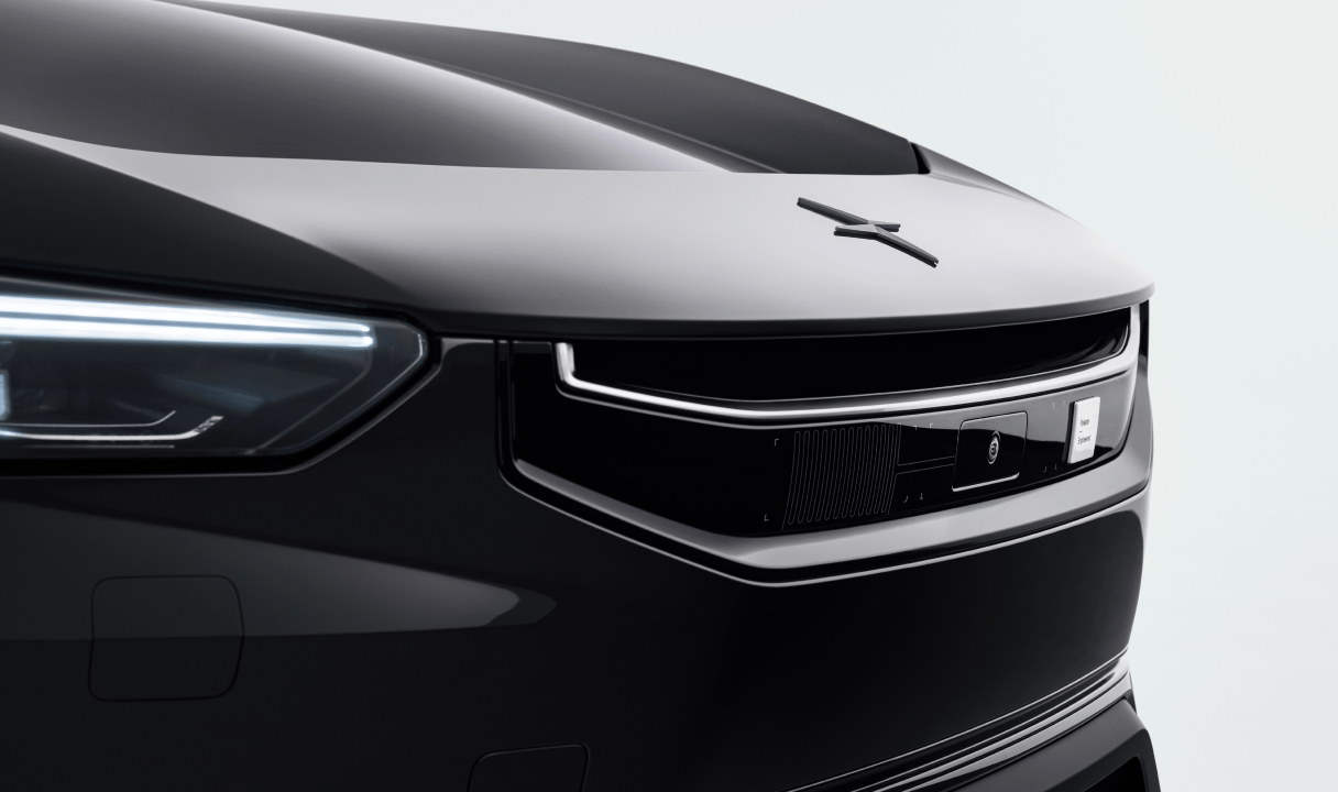 Front of a Polestar 3 with headlight and grille detail