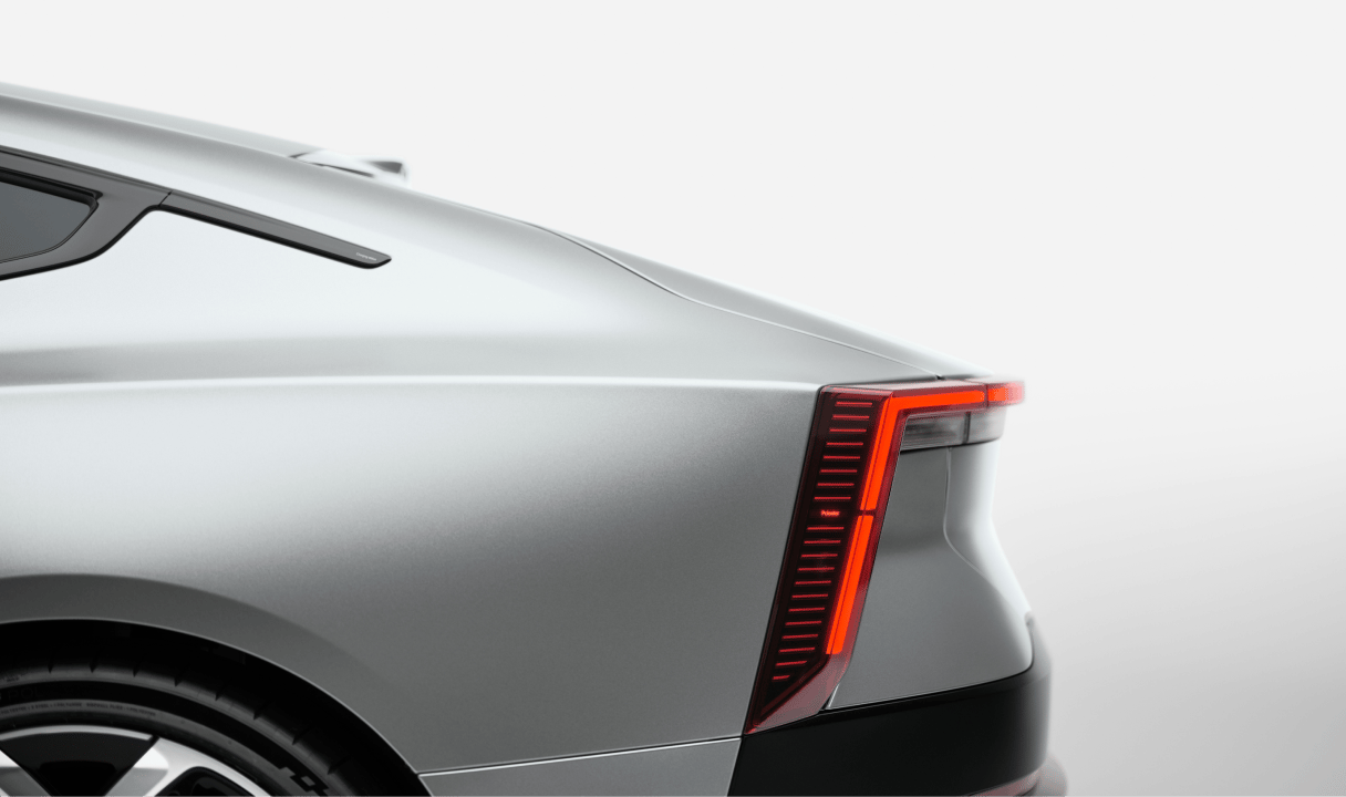 Rear side of a Polestar 5 with illuminated taillight