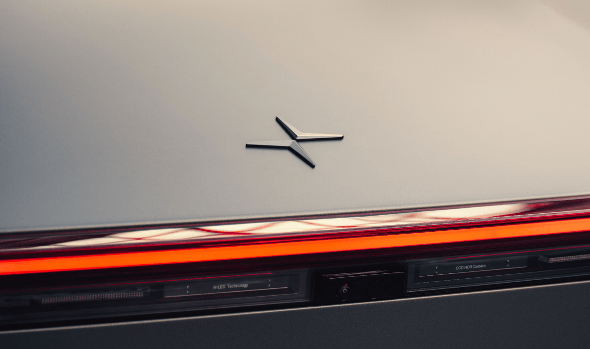 Rear Polestar 5 badge above full-width taillight and rear camera module