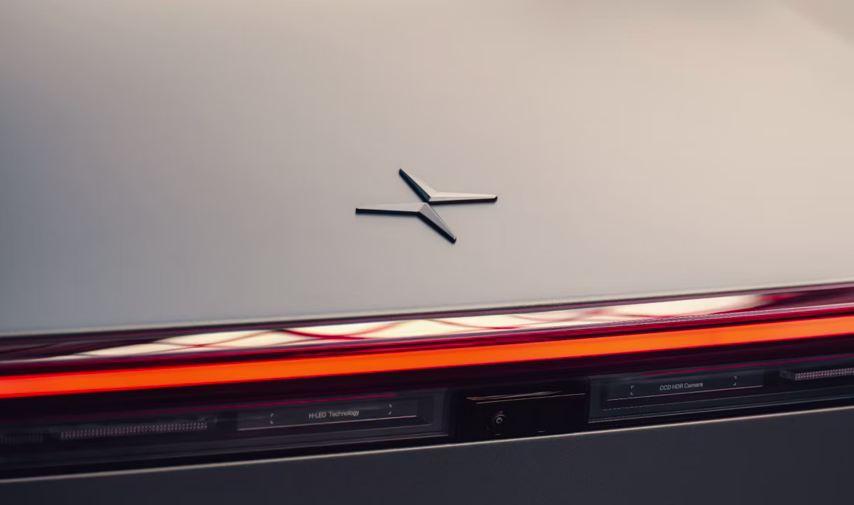 Rear Polestar 5 badge above full-width taillight and rear camera module