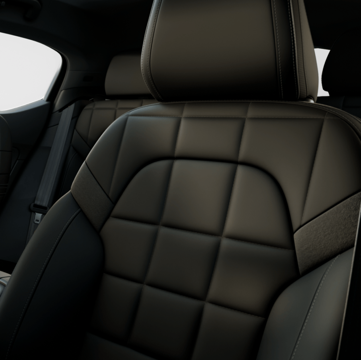 Front car seat with stitched leather upholstery and headrest