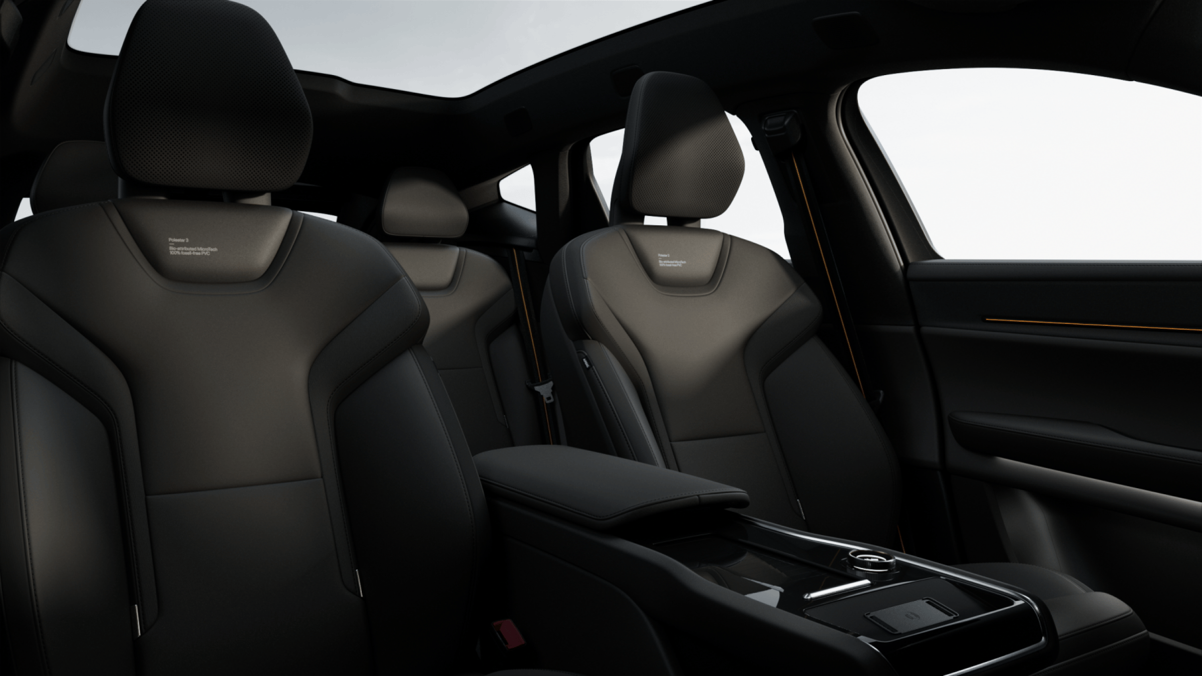 Car interior with front seats and center console