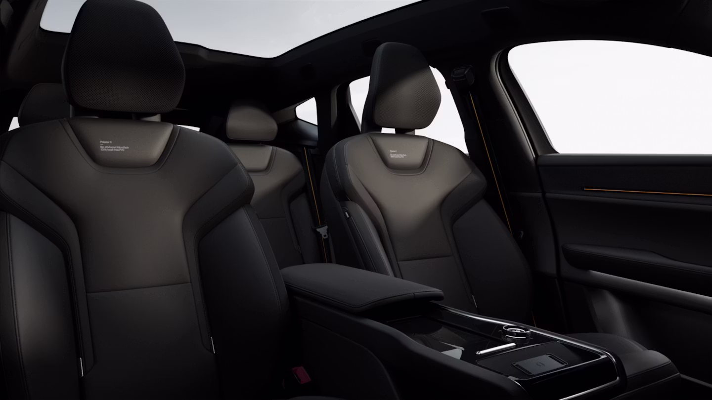 Car interior with front seats and center console