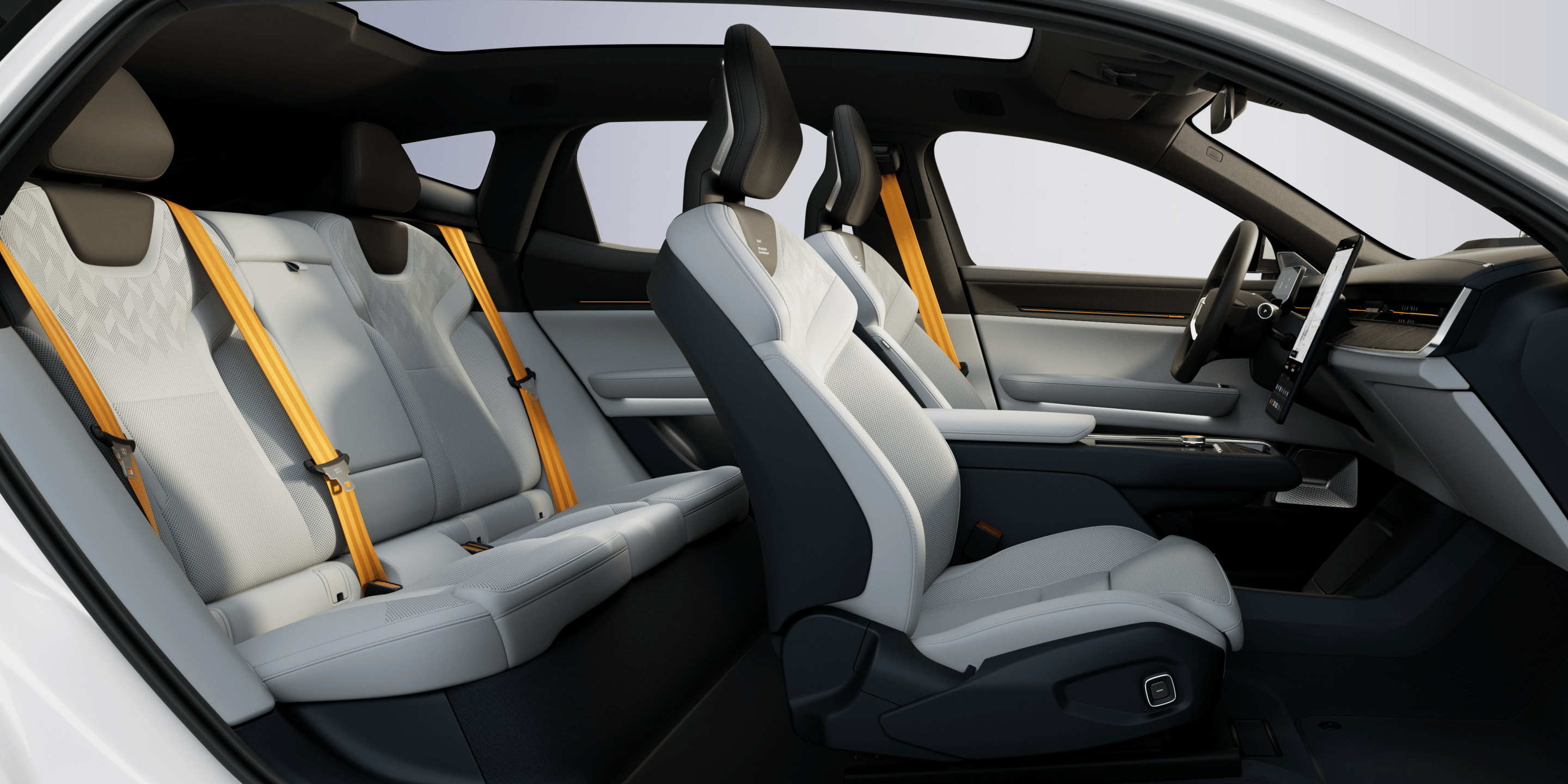Various angles of Polestar 3’s interior showing the seats, steering wheel, centre display, and more.