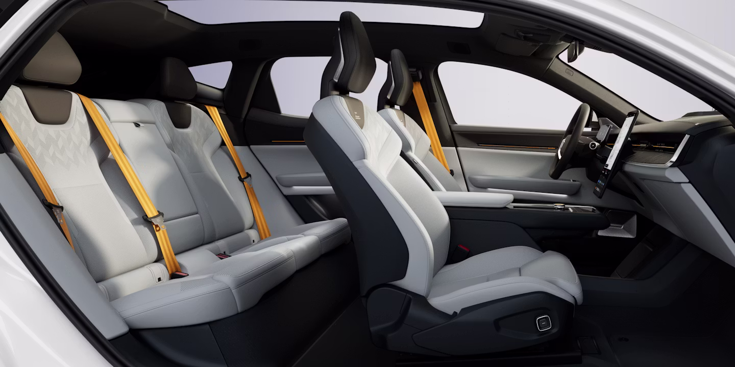 Various angles of Polestar 3’s interior showing the seats, steering wheel, centre display, and more.