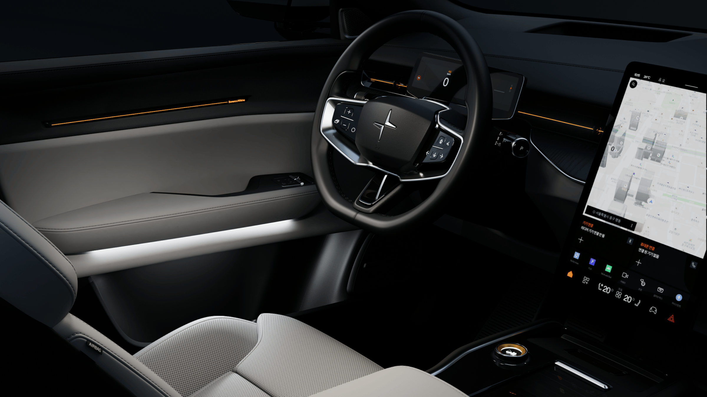 Polestar 3’s interior in a dark background lit up with its white, ambient interior lighting.