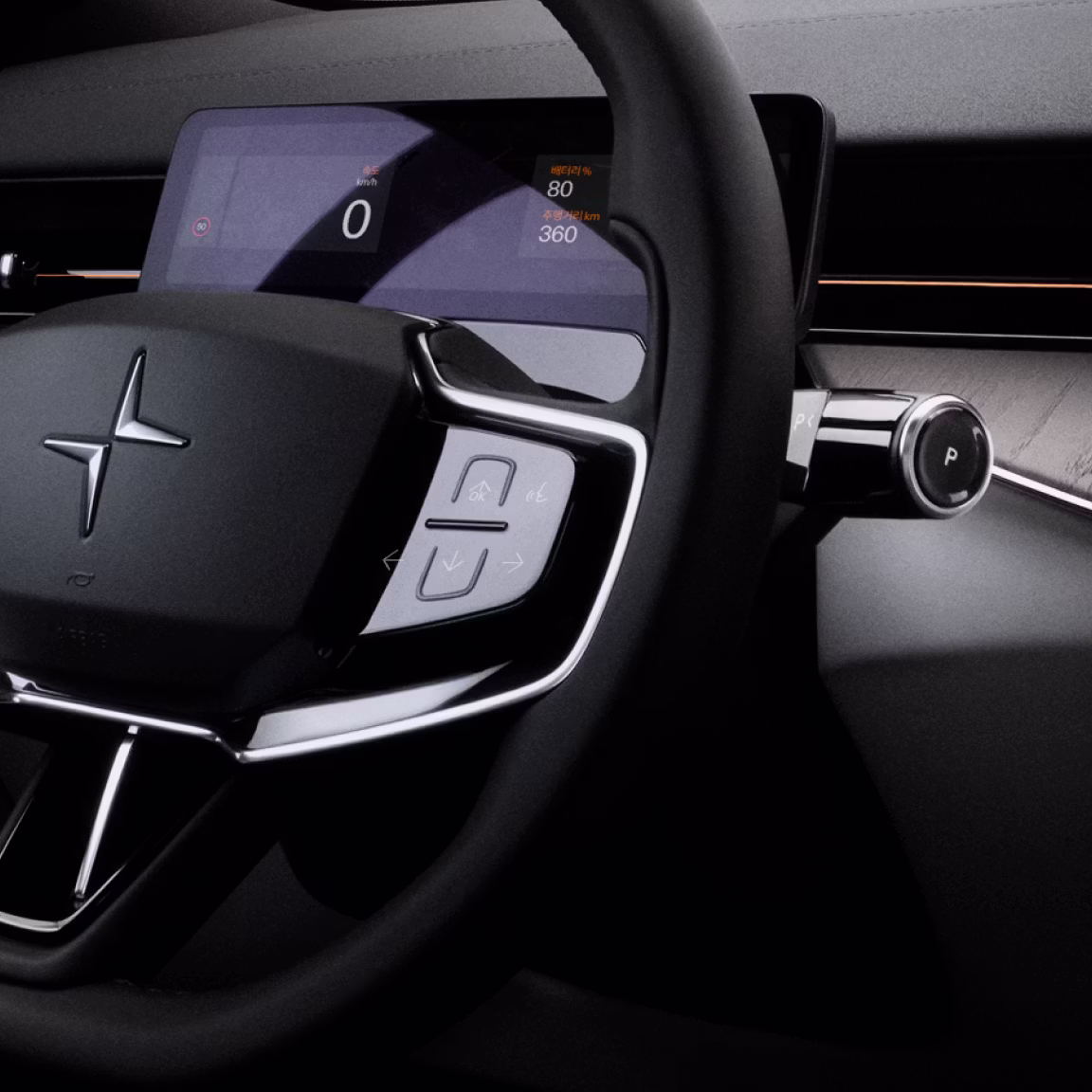 Polestar steering wheel with digital instrument display and gear selector