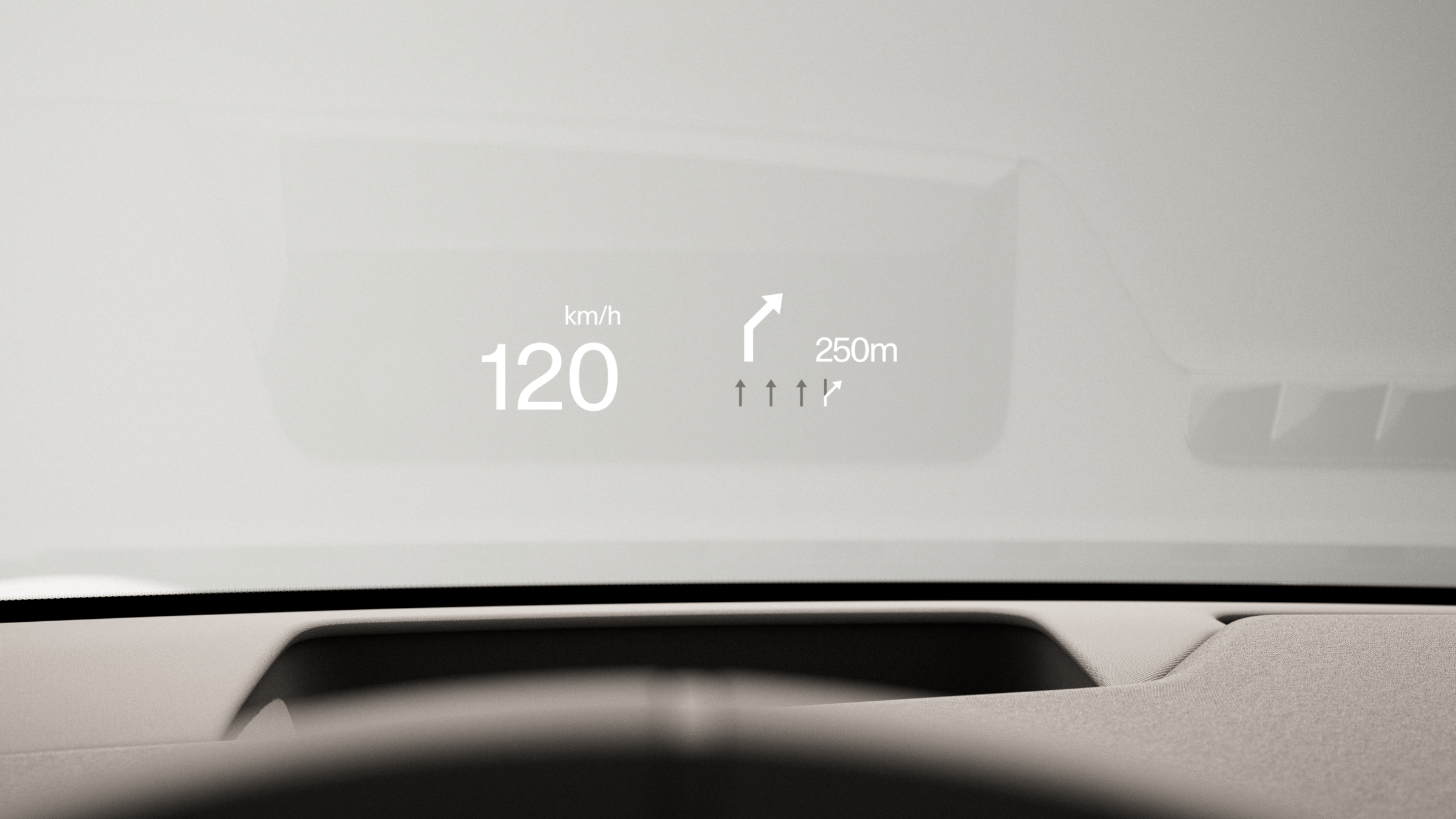 Car dashboard display showing 120 km/h and a right-turn navigation arrow in 250 m