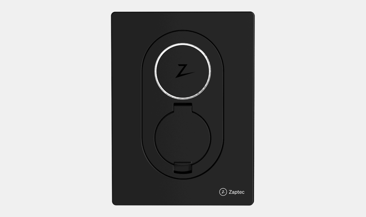 Zaptec wall-mounted EV charger with circular socket and logo