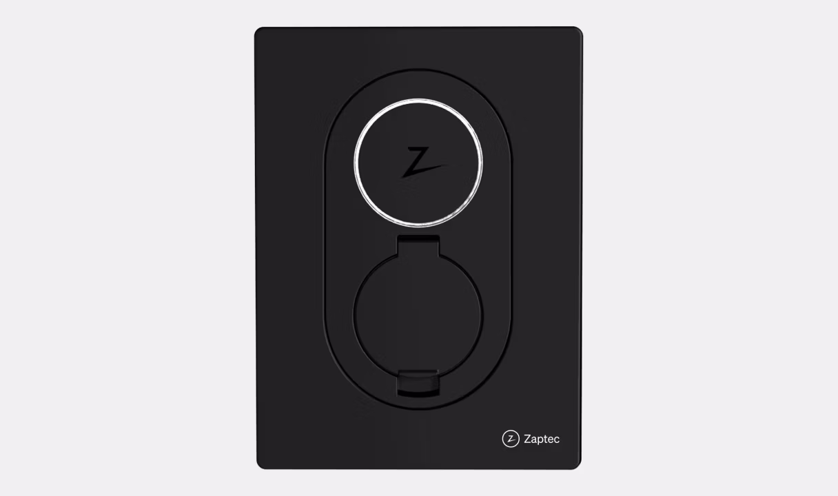Zaptec wall-mounted EV charger with circular socket and logo