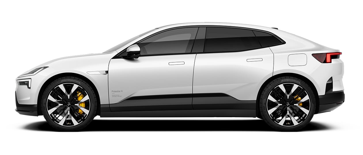 A white Polestar 4 coupé from the side.