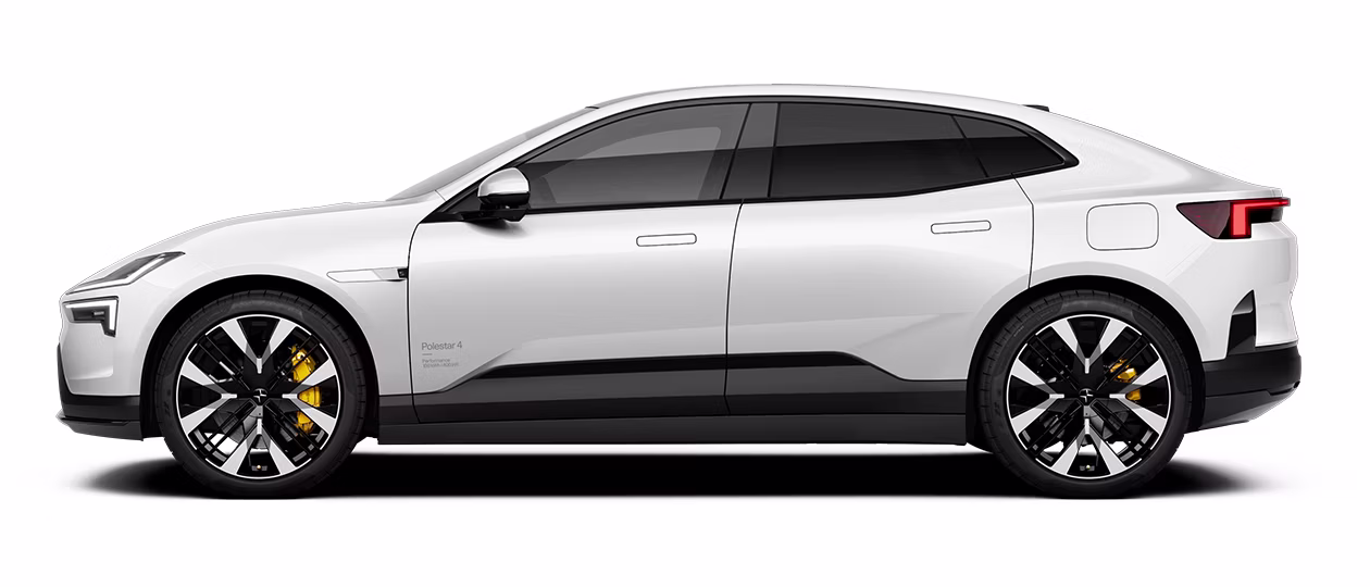 A white Polestar 4 coupé from the side.