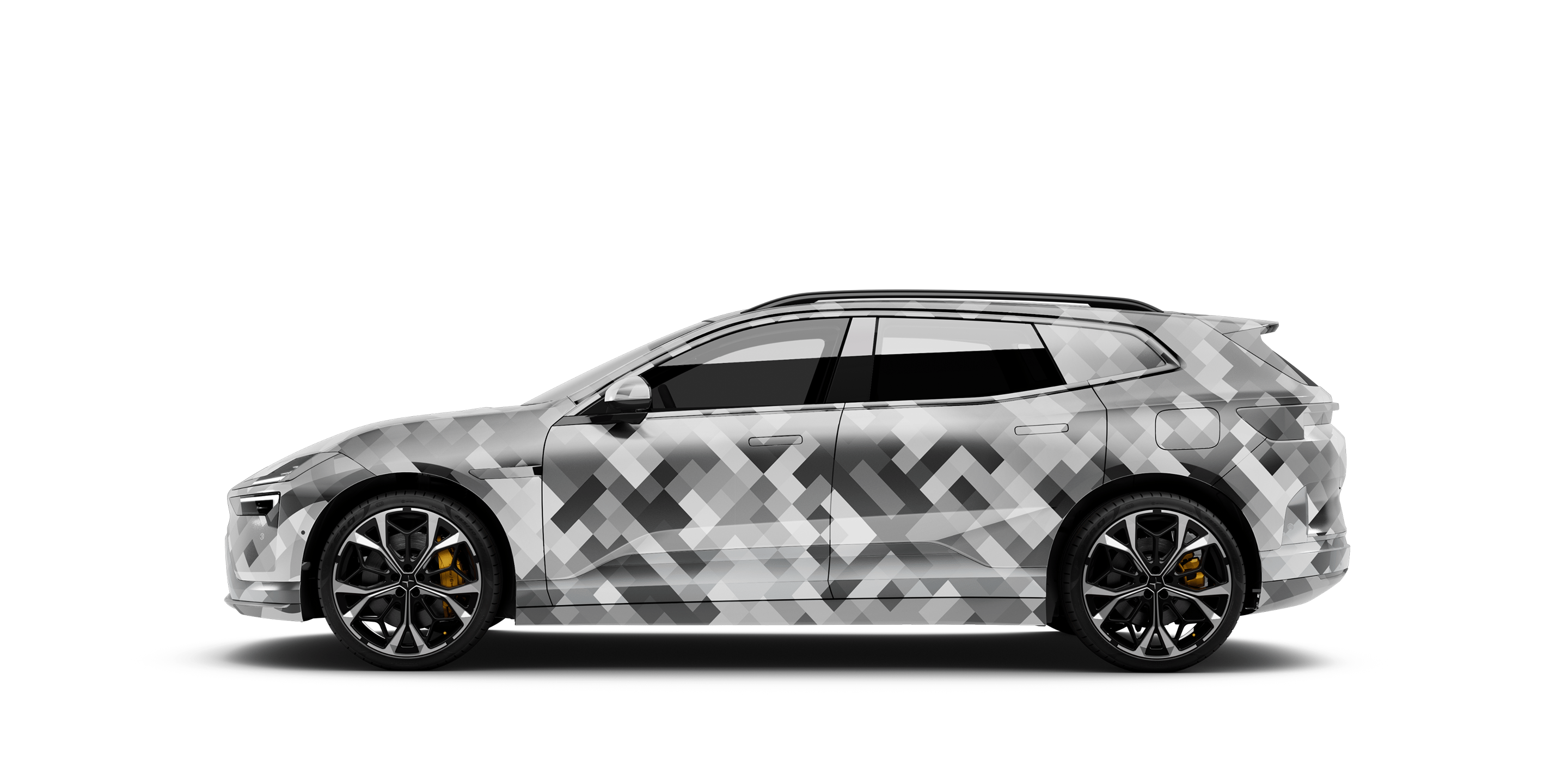 Side profile of a Polestar 4 SUV shown with a black and white camouflage pattern against a white background.