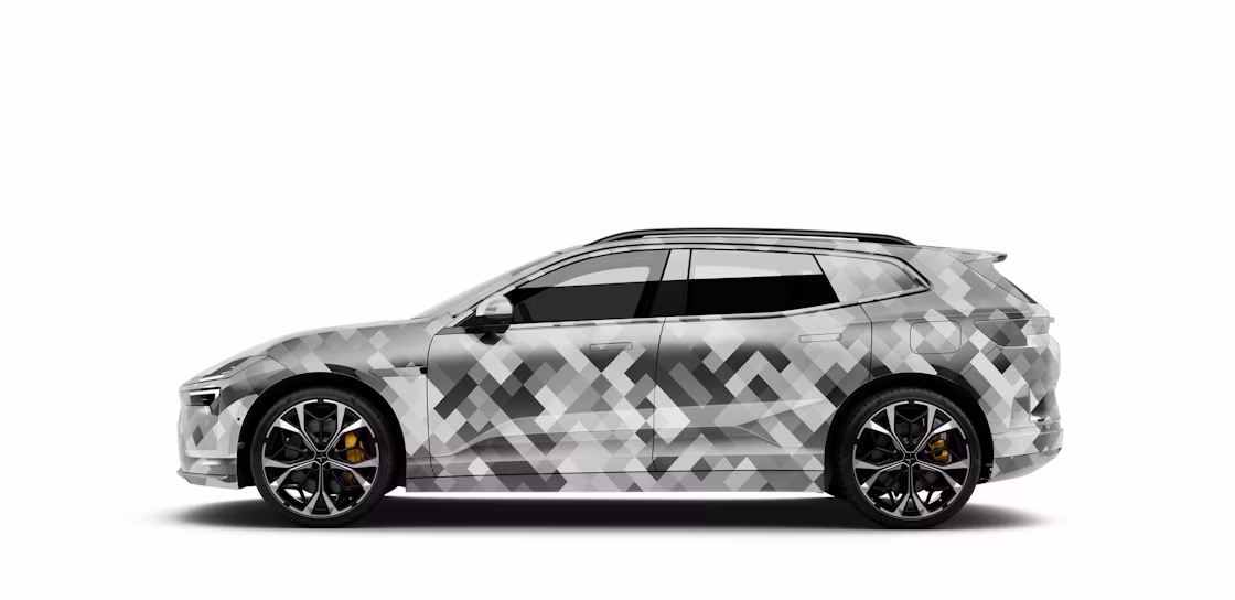 Side profile of a Polestar 4 SUV shown with a black and white camouflage pattern against a white background.