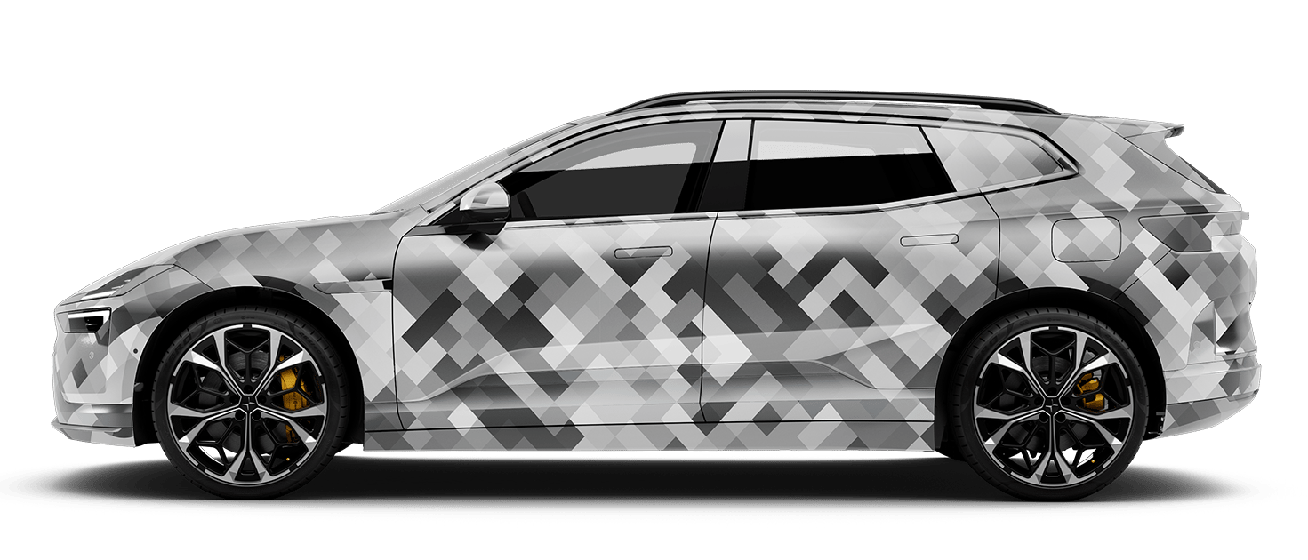 Side profile of a Polestar 4 SUV shown with a black and white camouflage pattern against a white background.