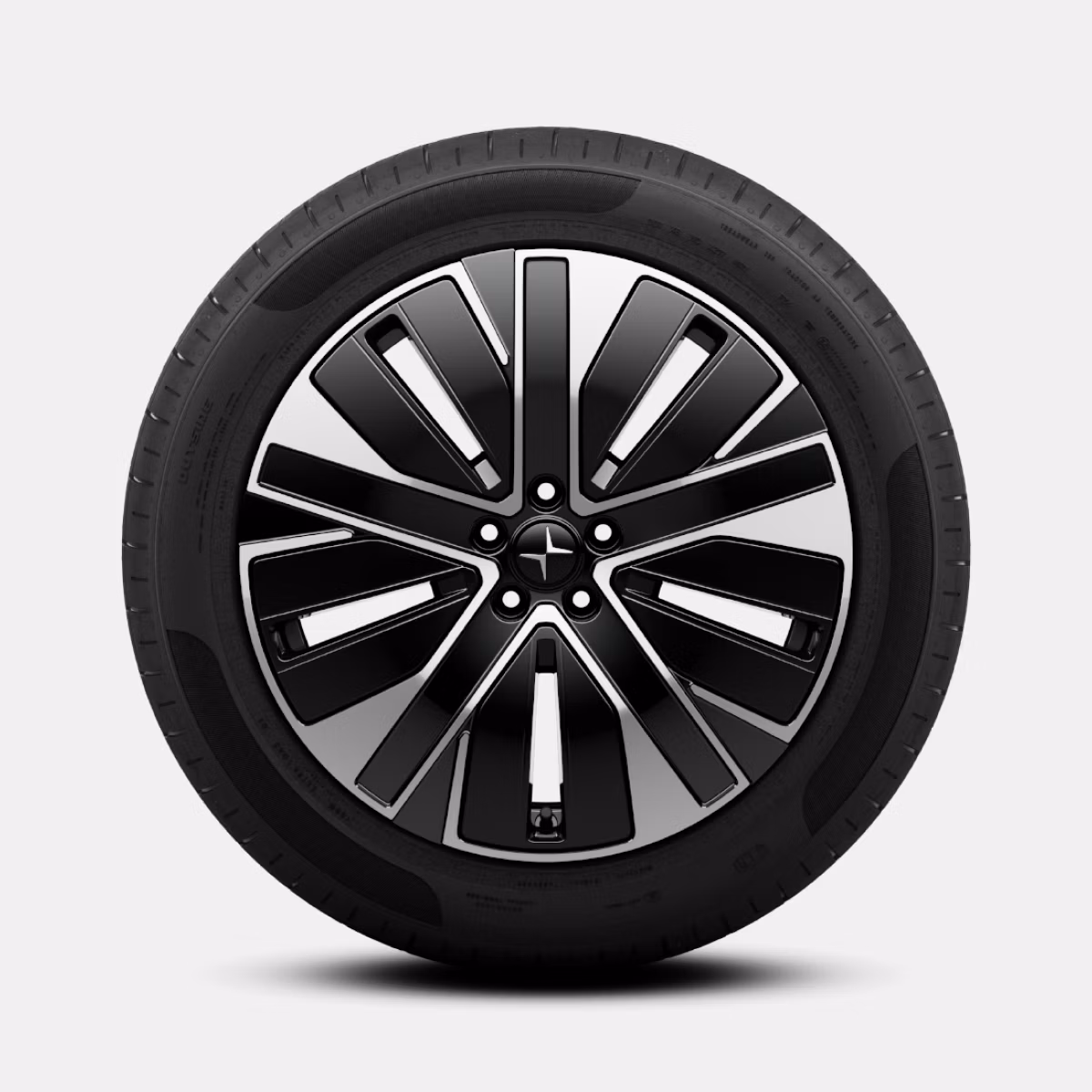 Polestar 4 SUV’s silver coloured wheel with five-spoked minimalistic design.