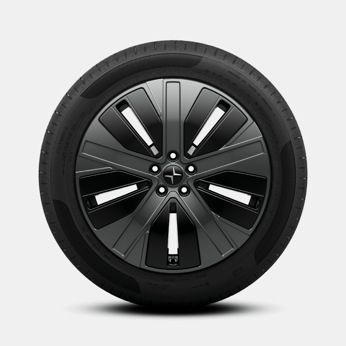 Polestar 4 SUV’s graphite coloured wheel with five-spoked minimalistic design.