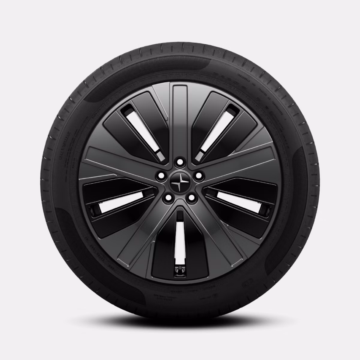 Polestar 4 SUV’s graphite coloured wheel with five-spoked minimalistic design.