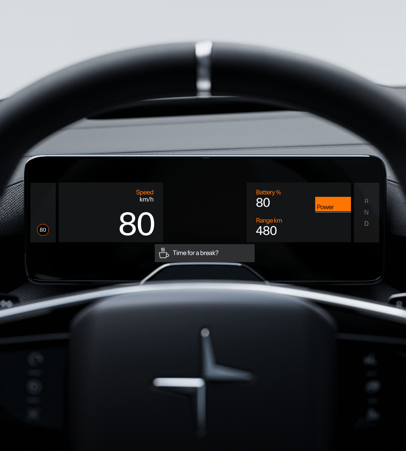 Polestar 4 SUV’s driver display showing a warning from the Driver Monitoring System.