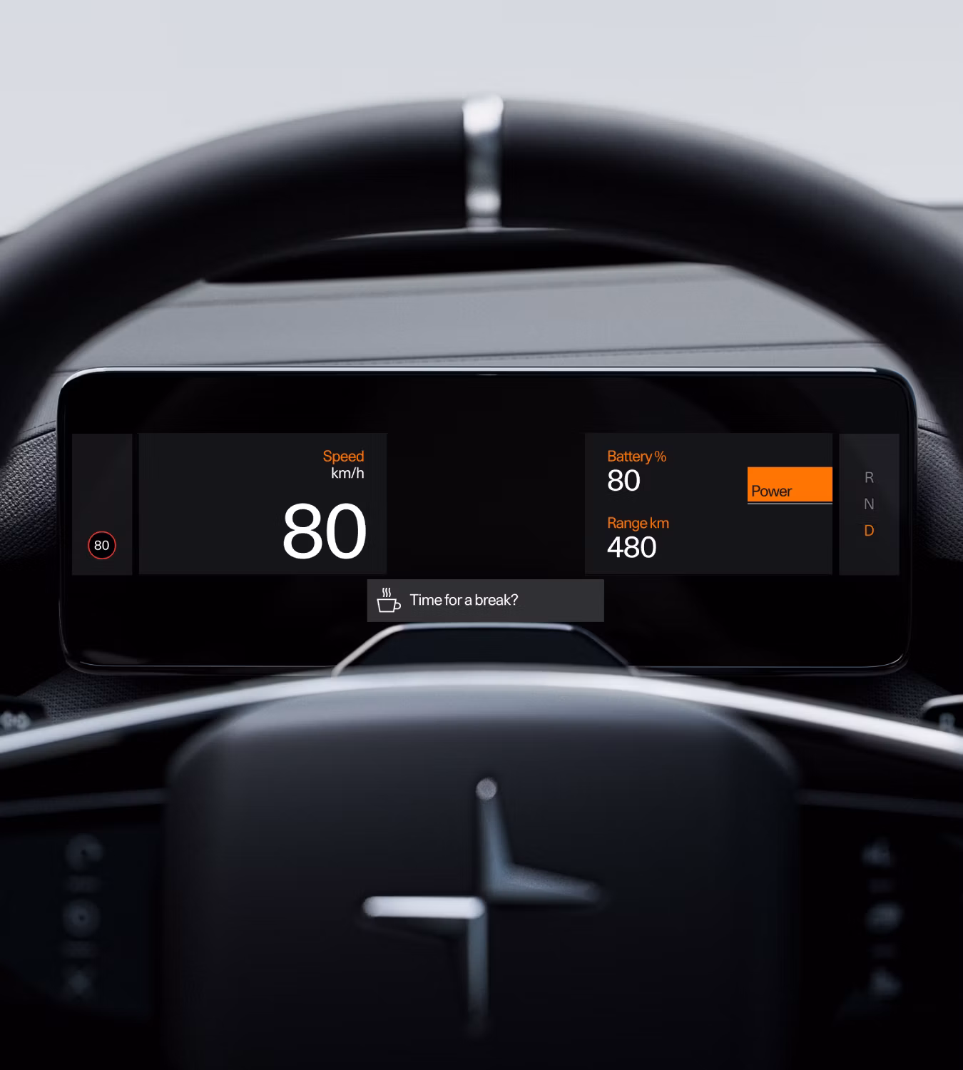 Polestar 4 SUV’s driver display showing a warning from the Driver Monitoring System.