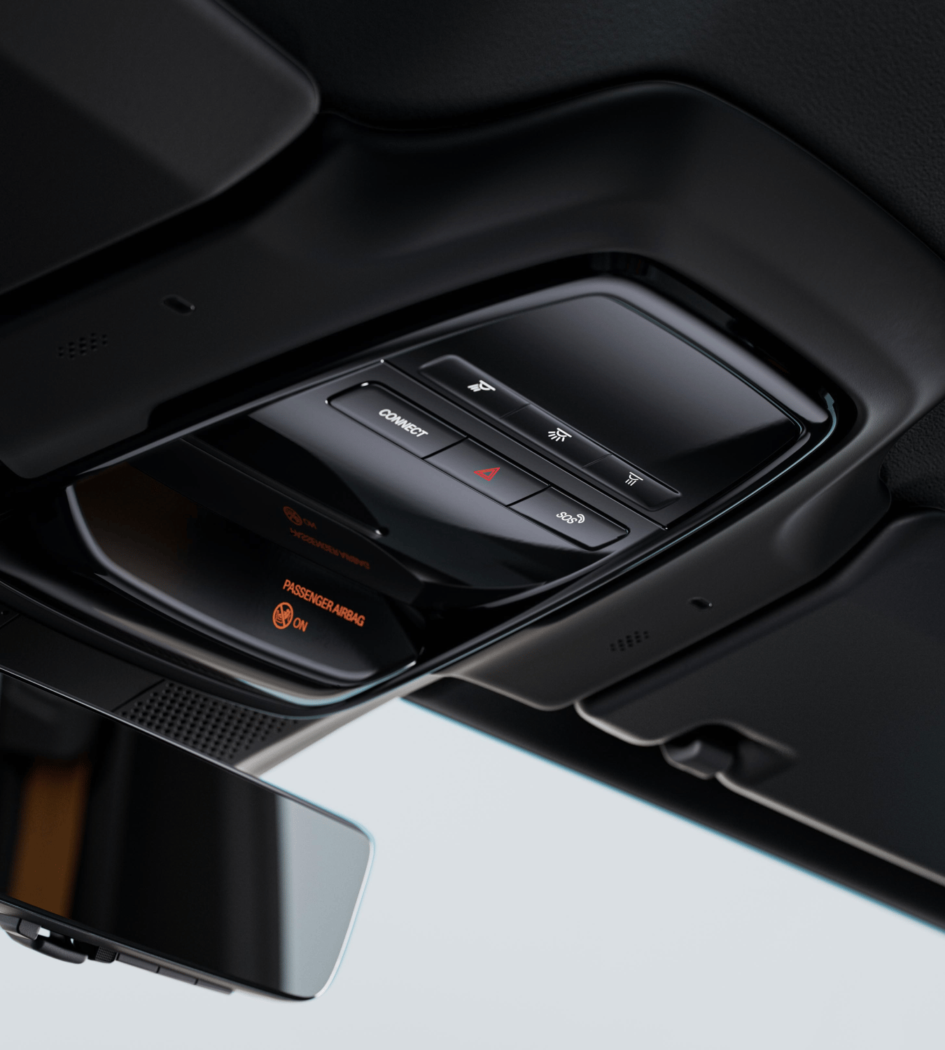 Polestar 4 SUV’s overhead console with the connect and SOS buttons.