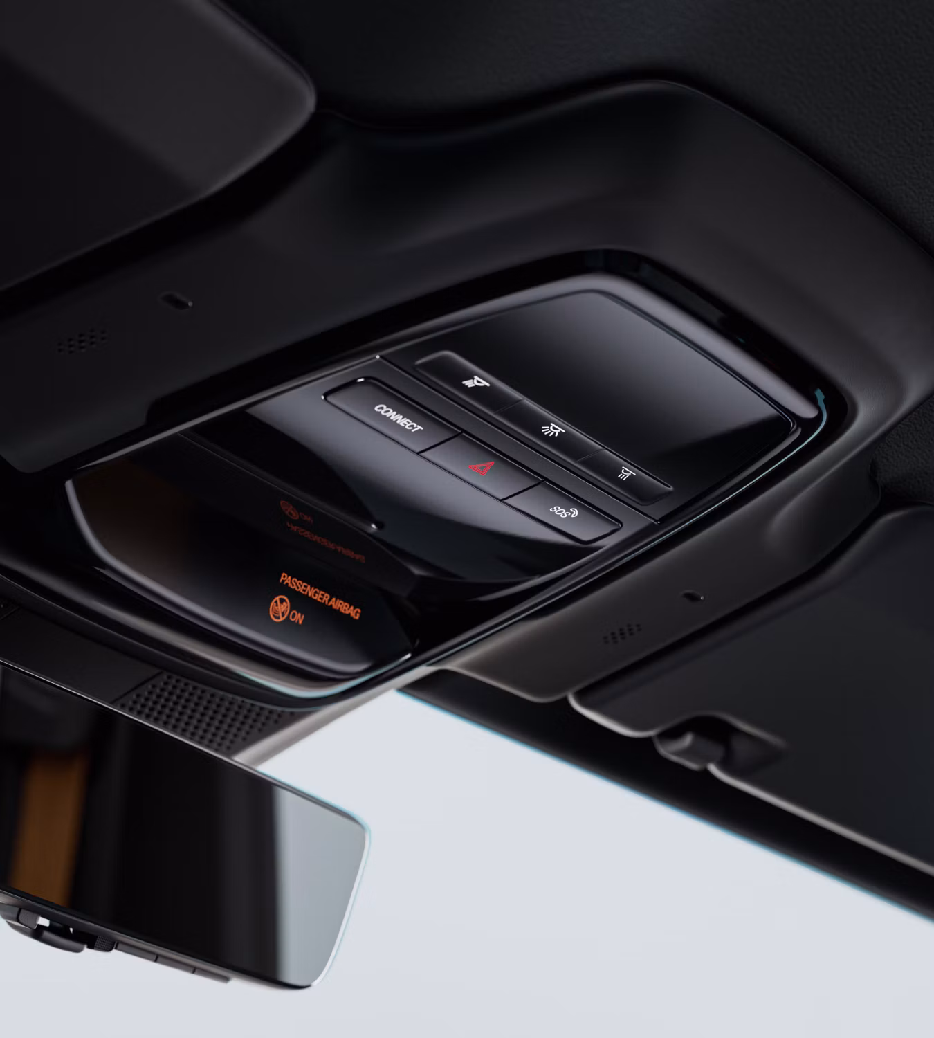 Polestar 4 SUV’s overhead console with the connect and SOS buttons.