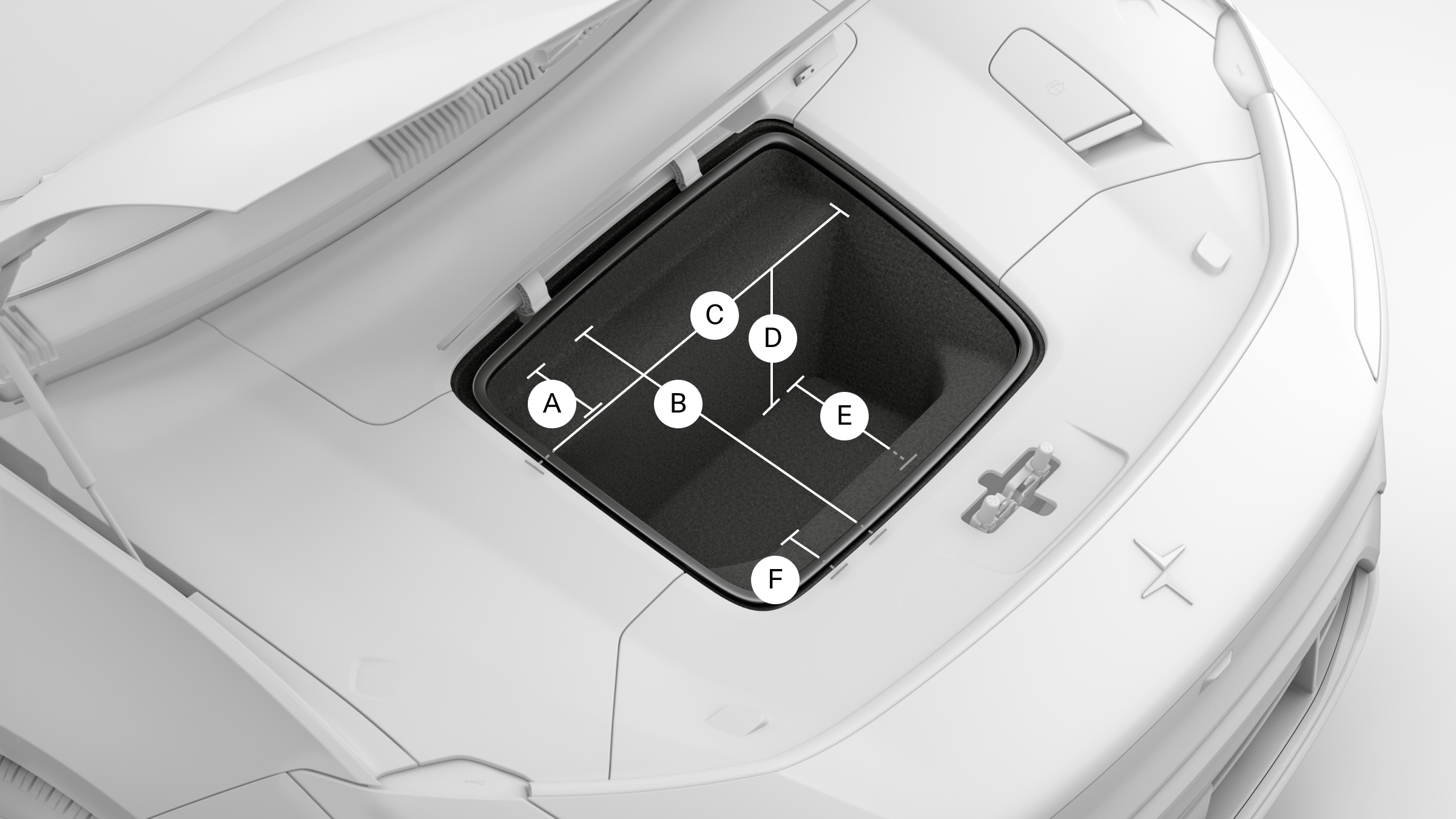 Polestar 4 SUV’s front storage compartment with lines and letters showing its measurements.