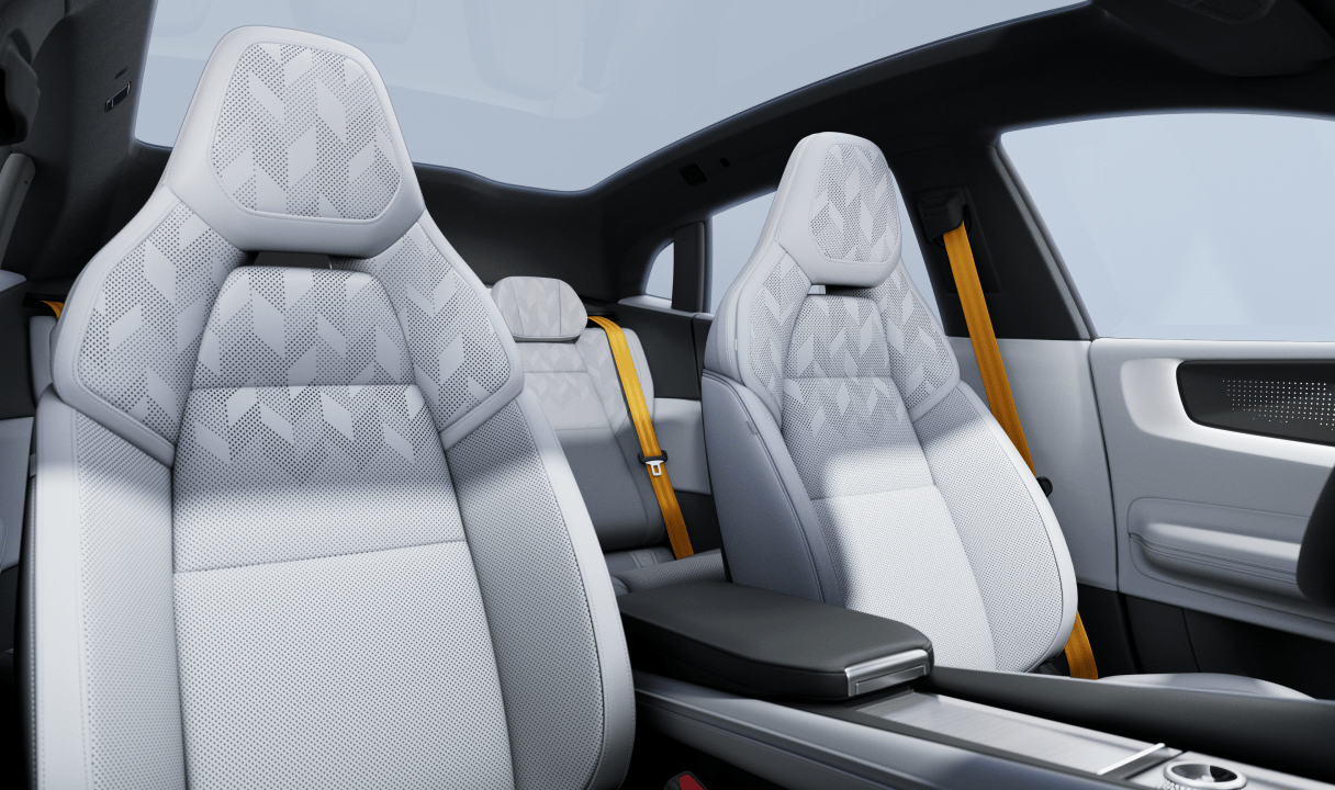 Car interior in Nappa leather with two front seats and rear seat, panoramic glass roof, and center console