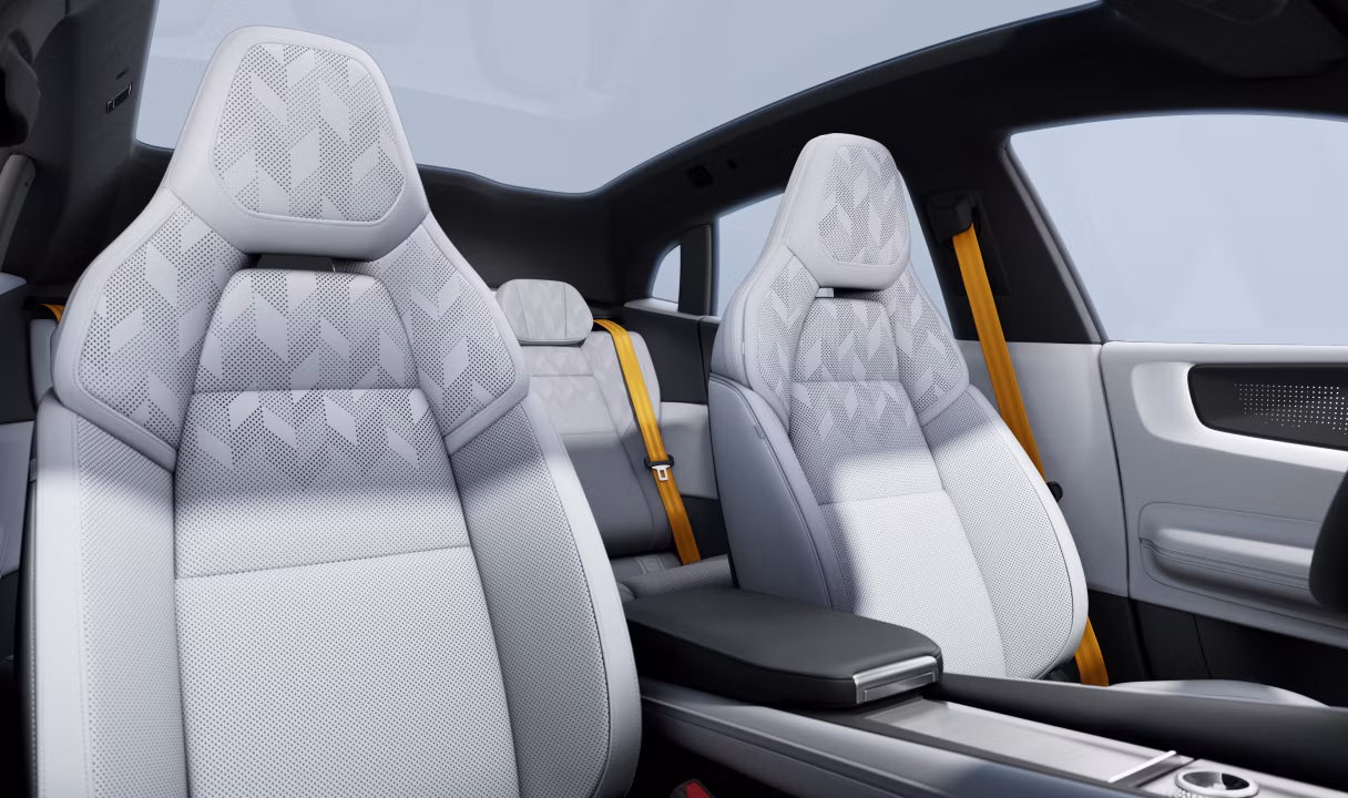 Car interior in Nappa leather with two front seats and rear seat, panoramic glass roof, and center console