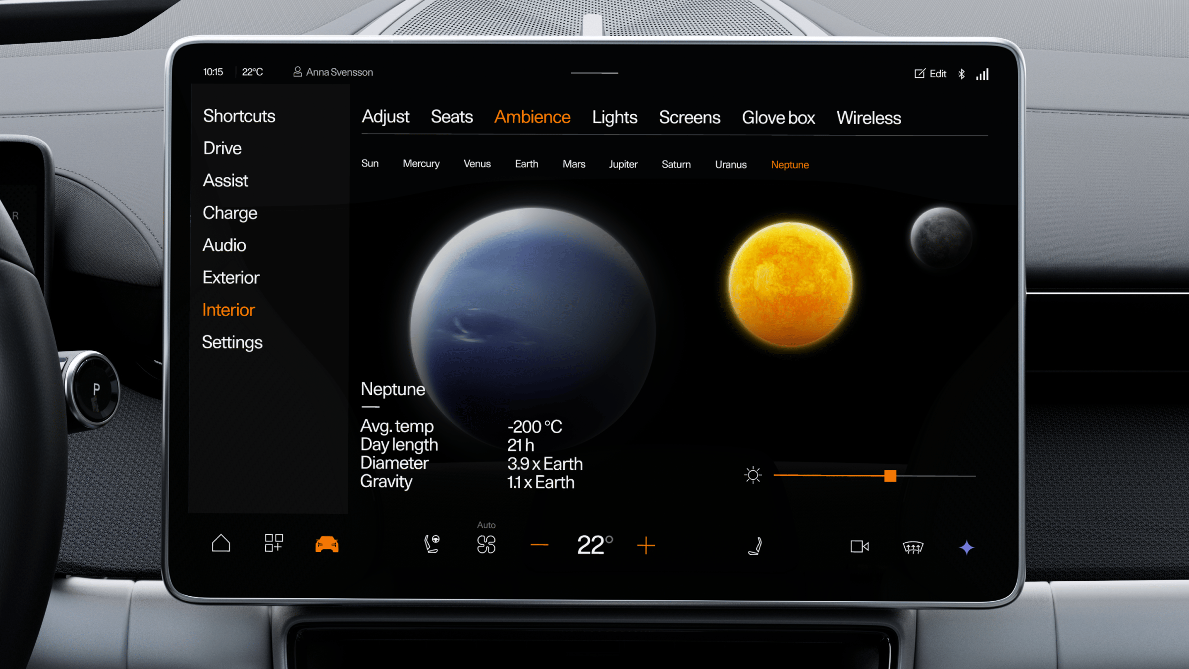 Polestar 4 SUV centre display showing a screen of the solar system interior illumination options.