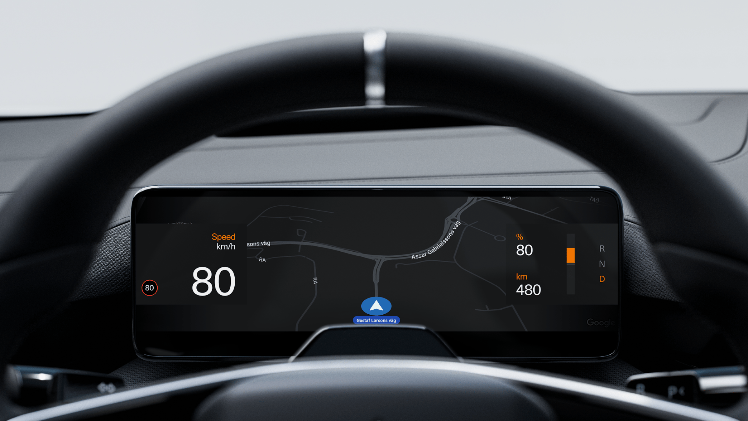 Google maps as presented on Polestar 4 SUV’s driver information module screen.
