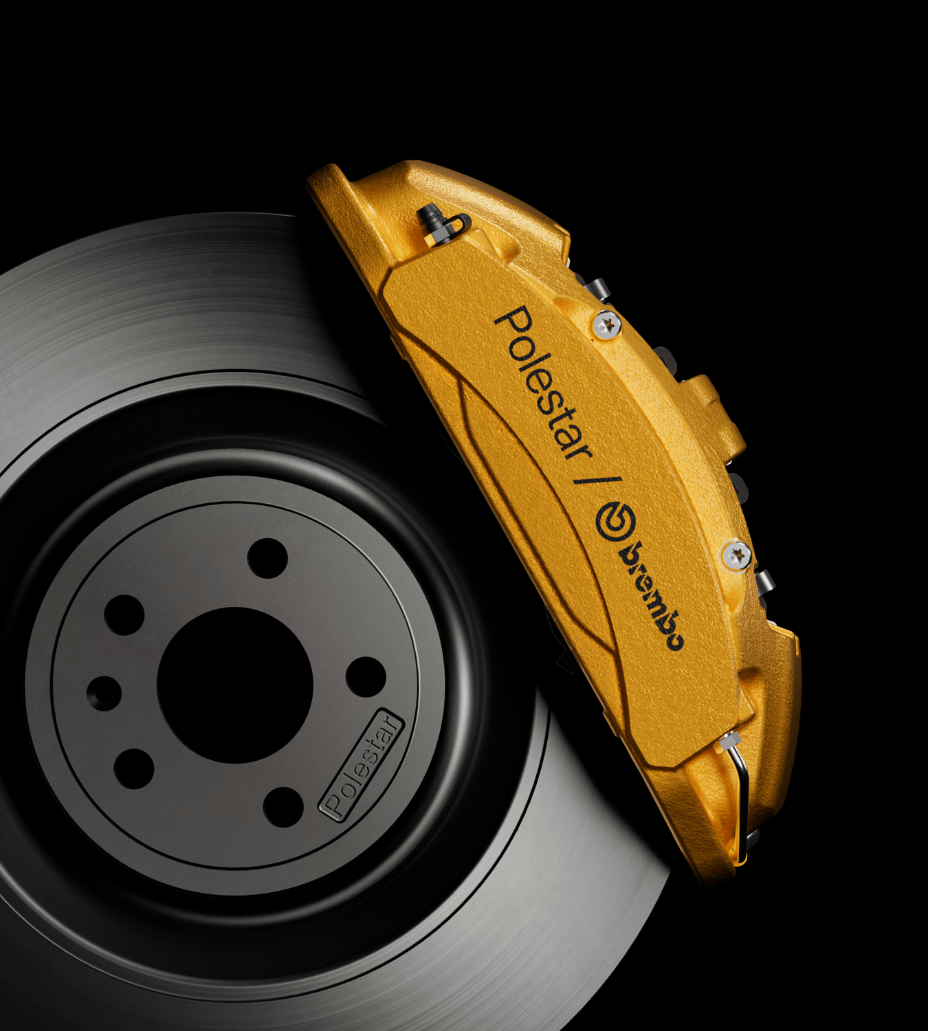 Polestar 4 SUV’s aluminium four-piston Brembo brake caliper in Swedish gold colour.