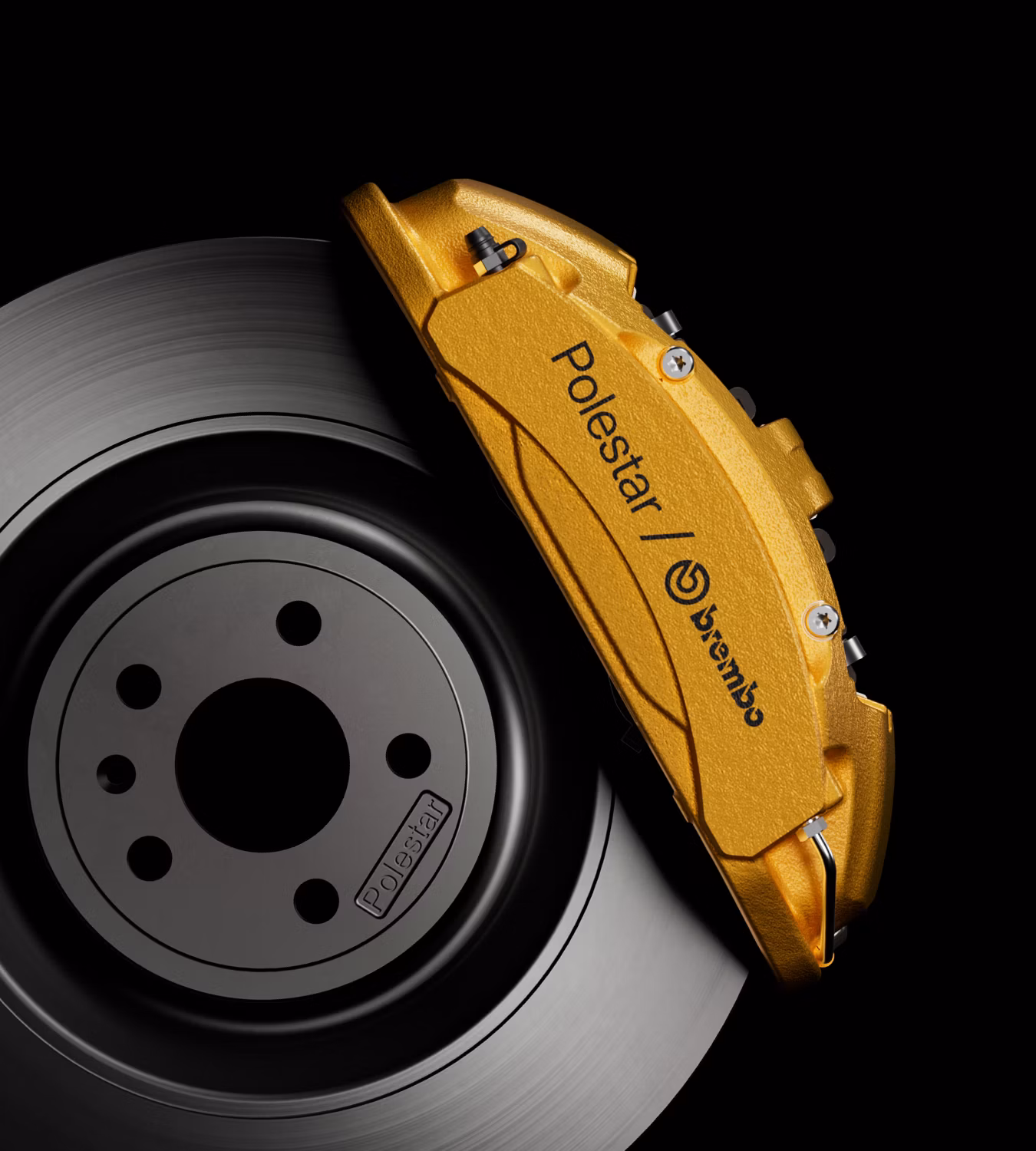 Polestar 4 SUV’s aluminium four-piston Brembo brake caliper in Swedish gold colour.