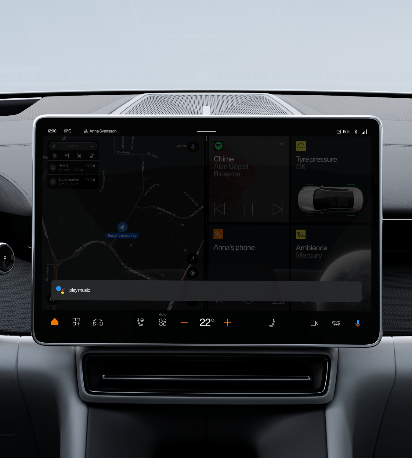 Polestar 4 SUV’s centre display showing Google Maps and a prevalent Google Home prompt.